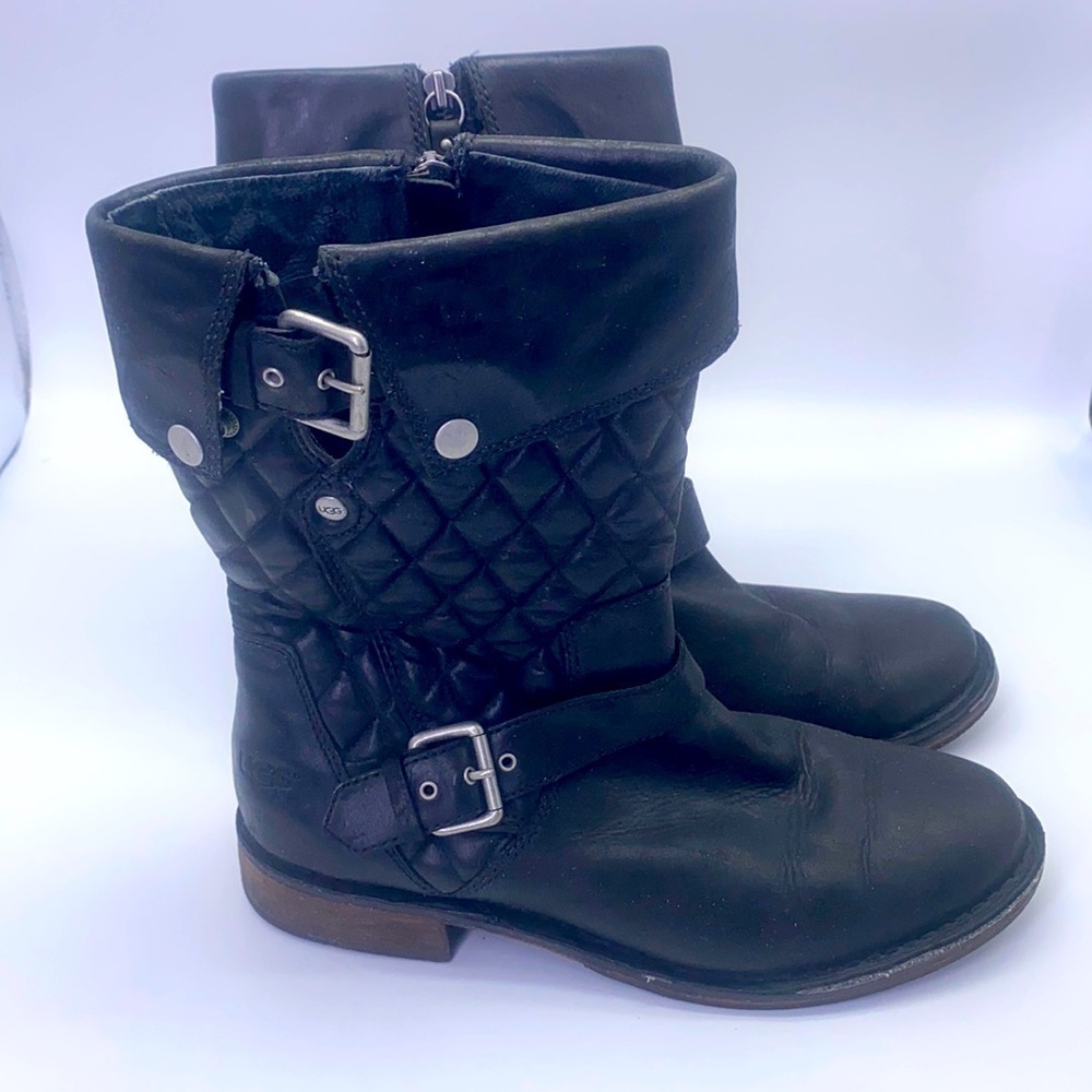 Ugg - Conor Oiled Black Leather Quilted with Silver Detail Biker Boot Size 10